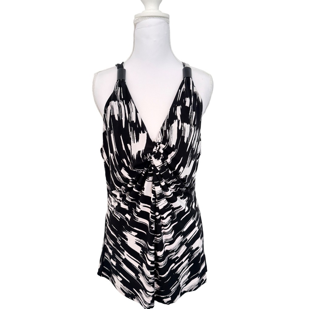 Kenneth Cole New York Blouse Womens Large Black White Abstract Twist V-Neck Top